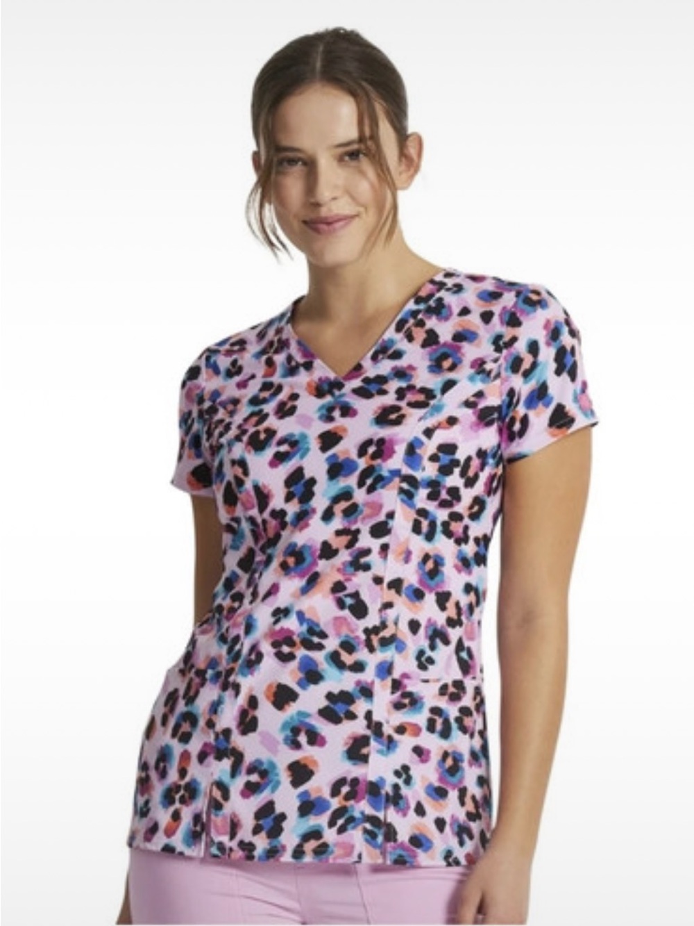 Dickies V-Neck Pink Leopard Print Women's Top scrub top large